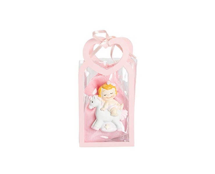 Harmony BUSTINA PU ROSA CON MANICO CUORE CON MAGNETE BIMBA SU AUTOMEZZI 3 ASS. CON SACCHETTO su Bomboniere Dolci Emozioni