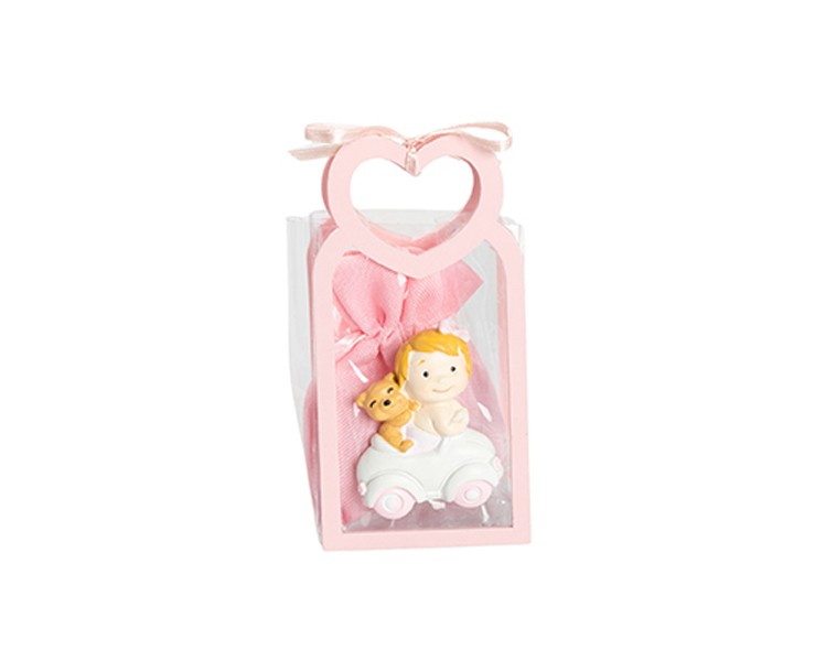 Harmony BUSTINA PU ROSA CON MANICO CUORE CON MAGNETE BIMBA SU AUTOMEZZI 3 ASS. CON SACCHETTO su Bomboniere Dolci Emozioni