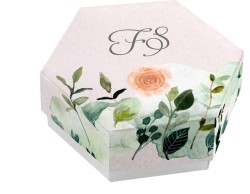 Scatolina porta confetti personalizzata esagonale decoro floreale rosa e foglie verdi