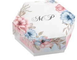 Scatolina porta confetti personalizzata esagonale decoro fantasia floreale rosa blu