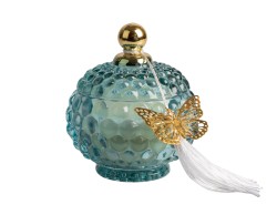 Bomboniera Matrimonio Harmony Candela in Vetro azzurra Profumata wild teakwwood  con Tassel e Farfallina Oro