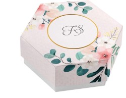 Scatolina porta confetti personalizzata esagonale decoro floreale rosa bianco