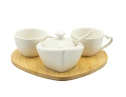 Bomboniera Matrimonio Harmony set 2 tazzine con zuccheriera in porcellana e con base bamboo