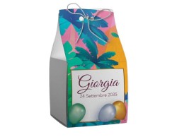 Scatolina porta confetti personalizzata quadrata con fantasia floreale e palloncini