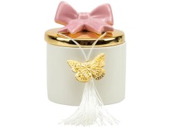 Bomboniera Matrimonio Harmony scatola porcellana bianca piccola con coperchio oro e fiore fucsia con candela profumata