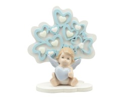 Bomboniera Nascita e Battesimo Harmony albero della vita CUORI CELESTE MEDIO CON ANGELO PORCELLANA CELESTE