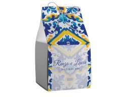 Scatolina porta confetti personalizzata quadrata fantasia maiolica blu gialla