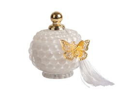 Bomboniera Matrimonio Harmony Candela in Vetro Profumata Jasmine Potiche con Tassel e Farfallina Oro