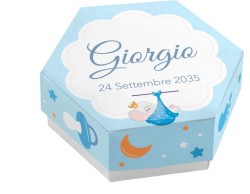 Scatolina porta confetti personalizzata esagonale blu con elefantino cullato