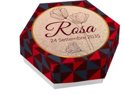 Scatolina porta confetti personalizzata eagonale trama geometrica rosso blum con fiori stilizzati