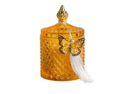 Bomboniera Matrimonio Harmony Candela in Vetro ambra Profumata vaniglia  con Tassel e Farfallina Oro grande