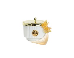 Bomboniera Matrimonio harmony CANDELA VETRO PROFUMATA CILINDRO BIANCA CON TASSEL E FARFALLA METALLO