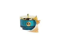 Bomboniera Matrimonio harmony CANDELA VETRO PROFUMATA CILINDRO BLUE CON TASSEL FARFALLA METALLO