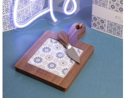 Bomboniera Matrimonio Claraluna Tagliere acacia fiori blu/tortora più coltellino