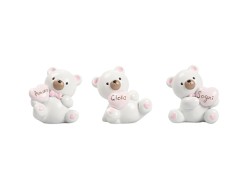Bomboniera Harmony ORSETTO BABY GIRL 3D "AMORE - GIOIA - SOGNI" 3 ASSORTITI CON FAZZOLETTO