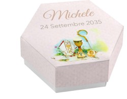 Scatolina porta confetti personalizzata esagonale decoro calice e pastorale