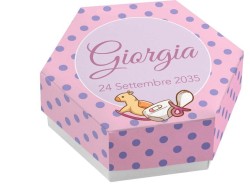 Scatolina porta confetti personalizzata esagonale rosa con pois blu con cavalluccio a dondolo