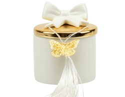 Bomboniera Matrimonio Harmony scatola porcellana bianca piccola con coperchio oro e fiocco bianco con candela profumata