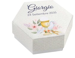 Scatolina porta confetti personalizzata esagonale decoro calice colomba e fiori