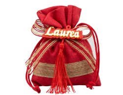 SACCHETTO LAUREA ROSSO CON CORDA E ACCESSORIO "LAUREA" LEGNO + PLASTICA ORO