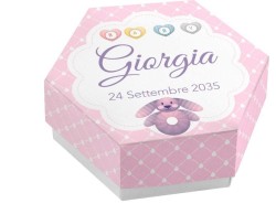 Scatolina porta confetti personalizzata esagonale rosa con coniglietto