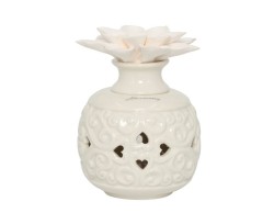 BOMBONIERA MATRIMONIO HARMONY PROFUMATORE PORCELLANA BIANCO CON DECALCO E FIORE GESSO LED