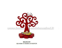 Bomboniera Laurea Harmony clip holder albero della vita legno rosso con soggetto coccinella resina argentata