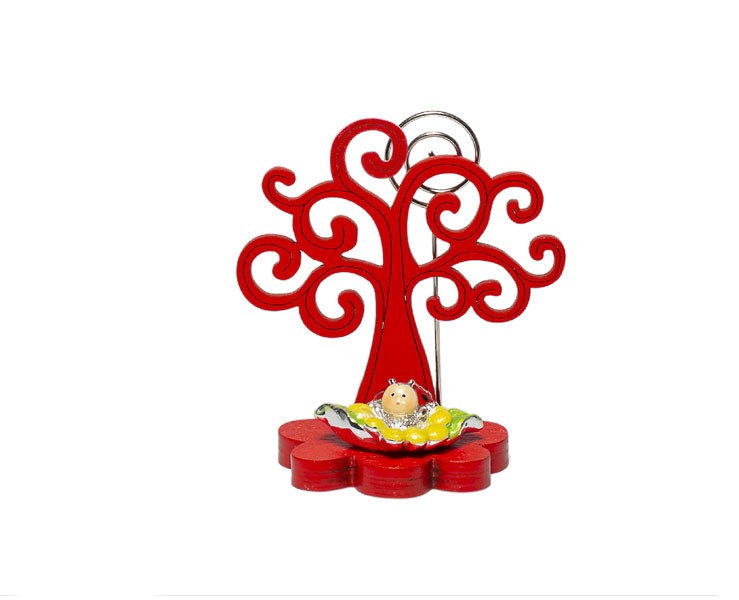 Bomboniera Laurea Harmony clip holder albero della vita legno rosso con soggetto coccinella resina argentata su Bomboniere Dolci Emozioni