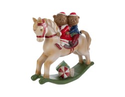 Cavalluccio a dondolo natalizio in resina con orsetti e pacchi regalo, decorazione natalizia per la casa e idea regalo.