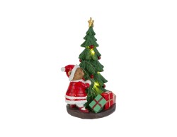 Albero di Natale in resina verde con luci LED calde, orsetto con cappello di Babbo Natale e pacchi regalo.