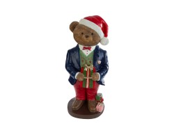 Grande statua da terra di orso natalizio in resina con abito elegante, cappello di Babbo Natale e pacchi dono