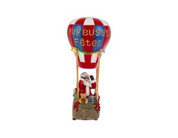 Babbo Natale in mongolfiera rossa e bianca in resina con movimento rotatorio e luci LED calde, decorazione natalizia