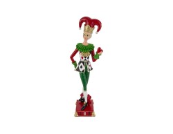Grande statua da terra di Jolly natalizio in resina con abito scozzese rosso e verde, scettro e cappello da giullare