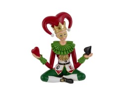 Soprammobile natalizio di Jolly in resina seduto con abito a quadri rosso e bianco, pantaloni verdi, scettro e dettagli dorati