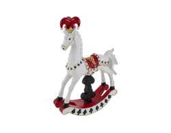 Soprammobile natalizio di cavallo a dondolo bianco in resina con personaggio Jolly in costume scozzese rosso e dettagli oro