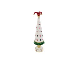 Soprammobile natalizio di albero di Natale in resina stile Joker Poker con motivi geometrici rossi, verdi e scacchi bianchi