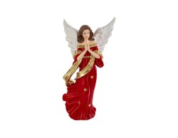 Grande statua natalizia di angelo in resina con vestito drappeggiato rosso e oro, ali dorate e mani sul petto