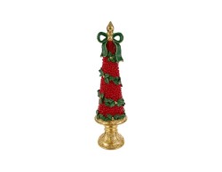 Grande statua natalizia di albero di Natale in resina rossa con ricami barocchi e rilievi dorati