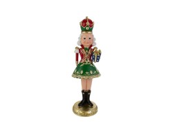 Grande statua natalizia di Mamma Natale in resina con vestito barocco rosso e oro, occhiali e libro aperto