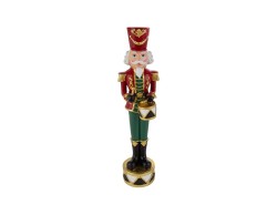 Soprammobile natalizio di soldatino schiaccianoci in resina con giacca barocca rossa e oro, cappello imperiale e scettro