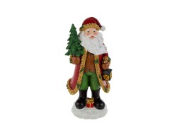 Soprammobile natalizio di Babbo Natale in resina con vestito barocco rosso e oro, scettro dorato e ricami in rilievo