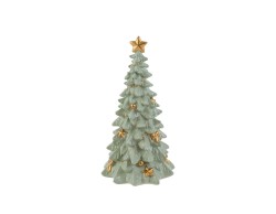 Piccolo soprammobile natalizio di albero in resina verde scuro con decorazioni barocche oro in rilievo e stella sulla punta
