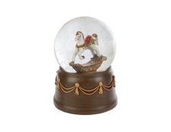 Carillon natalizio a sfera di vetro con neve e cavallo a dondolo in resina alto 14 cm, perfetto come decorazione