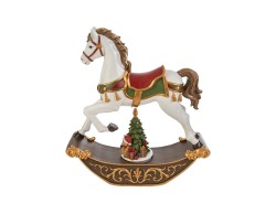 Grande carillon natalizio a forma di cavallo a dondolo in resina alto 36 cm con decorazioni oro e orsetto in miniatura