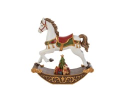 Cavallo a dondolo natalizio in resina alto 25,5 cm con decorazioni oro e orsetto in miniatura