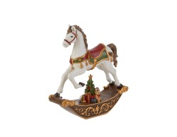 Piccolo cavallo a dondolo natalizio in resina alto 14 cm con decorazioni oro e orsetto in miniatura