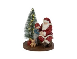Statua di Babbo Natale in resina con bambino e albero di Natale innevato con luci LED alta 22 cm