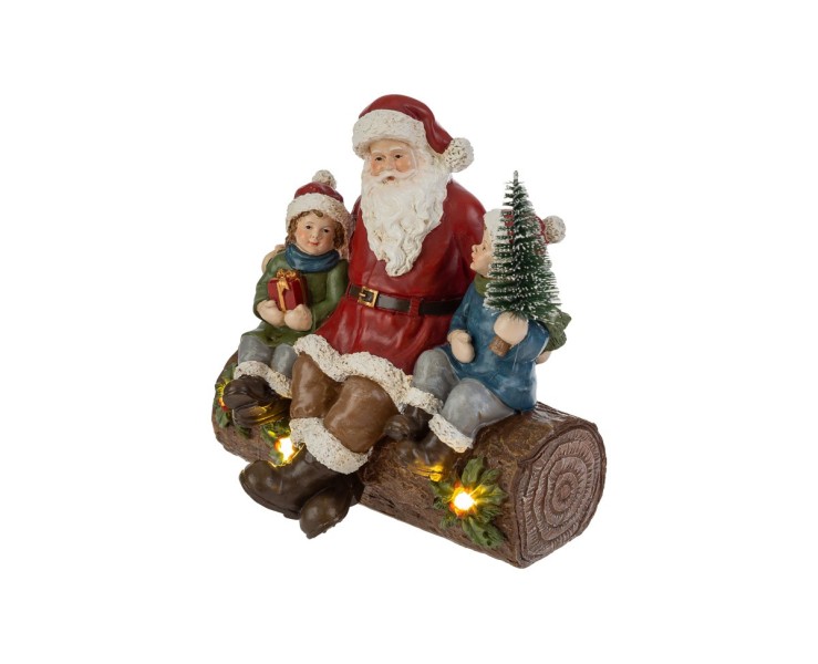 Statua Babbo Natale sul tronco con bambini e luci LED in resina 16x12x17 – Decorazione Natalizia Le Stelle su Bomboniere Dolci Emozioni