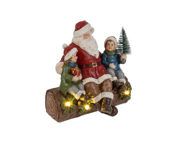 Statua Babbo Natale sul tronco con bambini e luci LED in resina 16x12x17 – Decorazione Natalizia Le Stelle su Bomboniere Dolci Emozioni