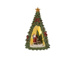 Scultura a forma di albero di Natale in resina alto 25 cm con diorama interno illuminato a LED, Babbo Natale e renna